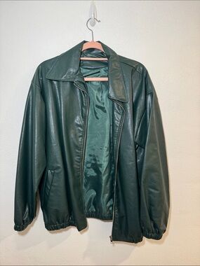 Dark Green Faux Leather Bomber Jacket
